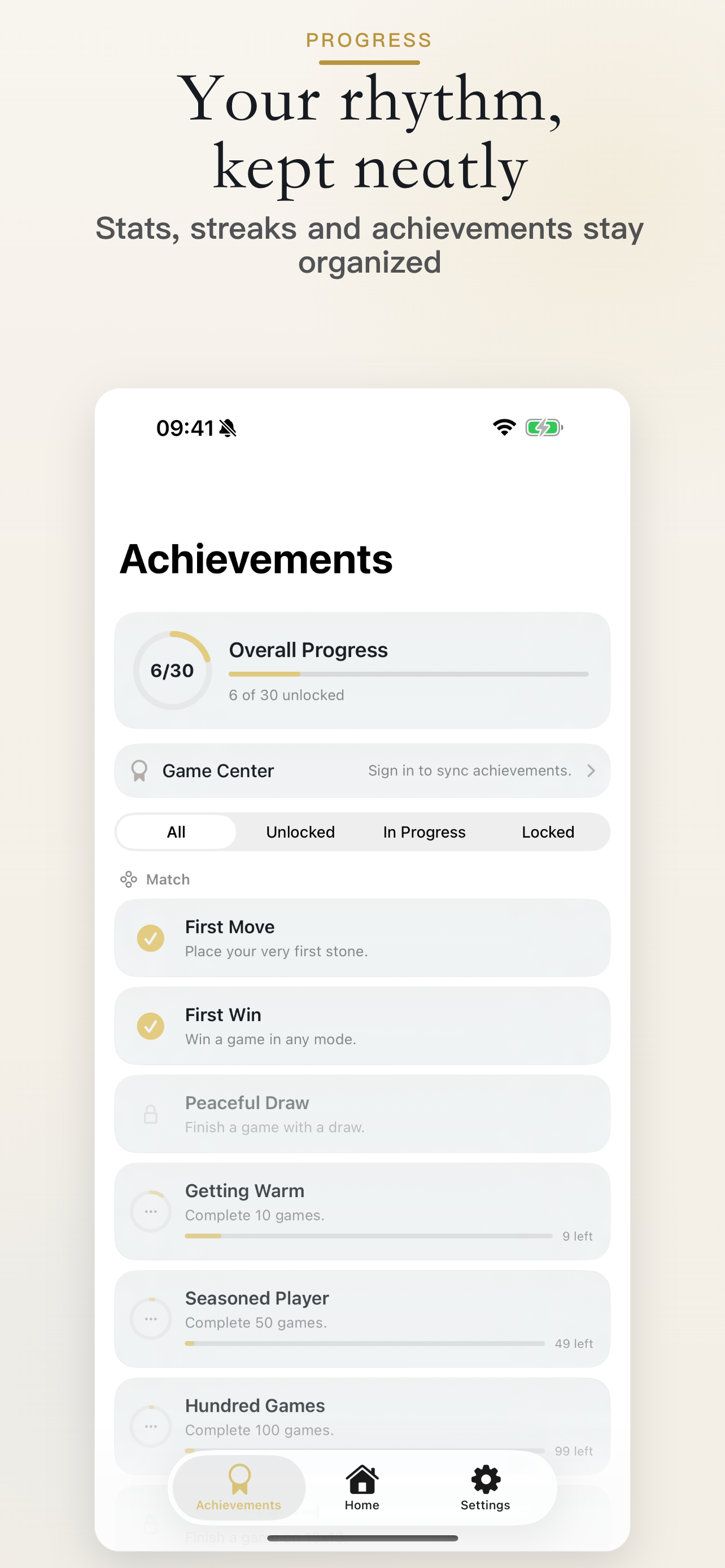 WUZIQI progress — keep stats, streaks and achievements organized