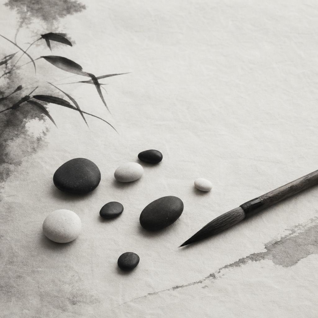 棋盤上的黑白棋子形成一條安靜的斜線