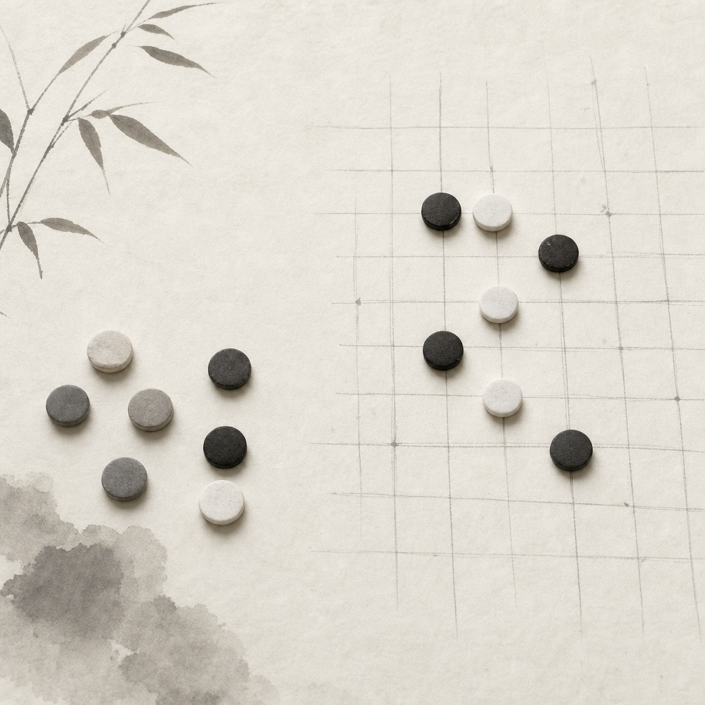 一块现代五子棋棋盘的底色、网格线、黑白棋子与最后一手标记的细节对照