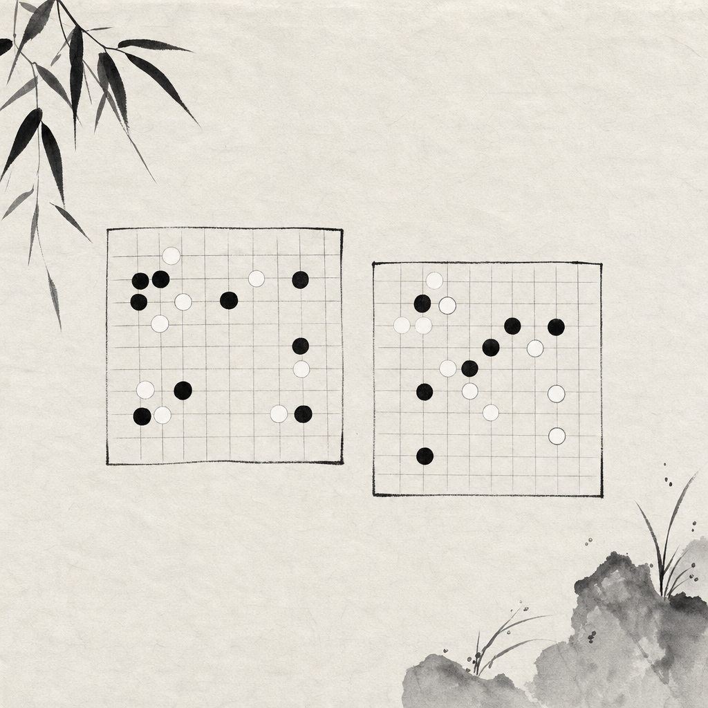 15×15 五子棋棋盤與 19×19 圍棋棋盤的尺度對比示意
