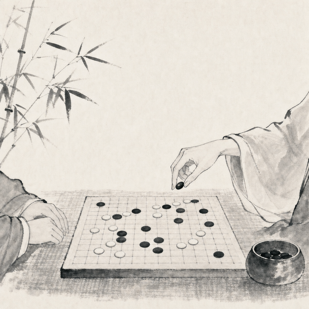 四張並列的五子棋棋盤示意，中央用細線連接成團隊節奏