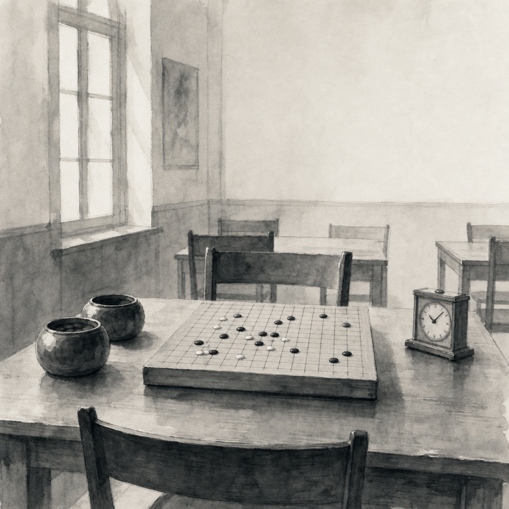 安静的欧洲棋类比赛现场，桌面上有棋盘与计时钟