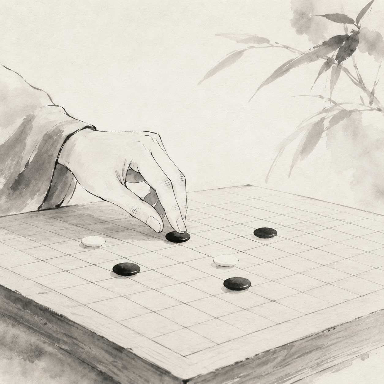 一只手在木质棋盘中央附近落子，周围留有空格