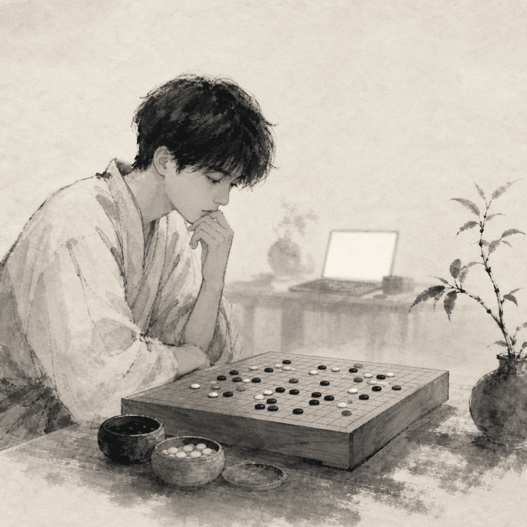 線上賽場的安靜一角：棋盤、時間與少年棋手的判斷。