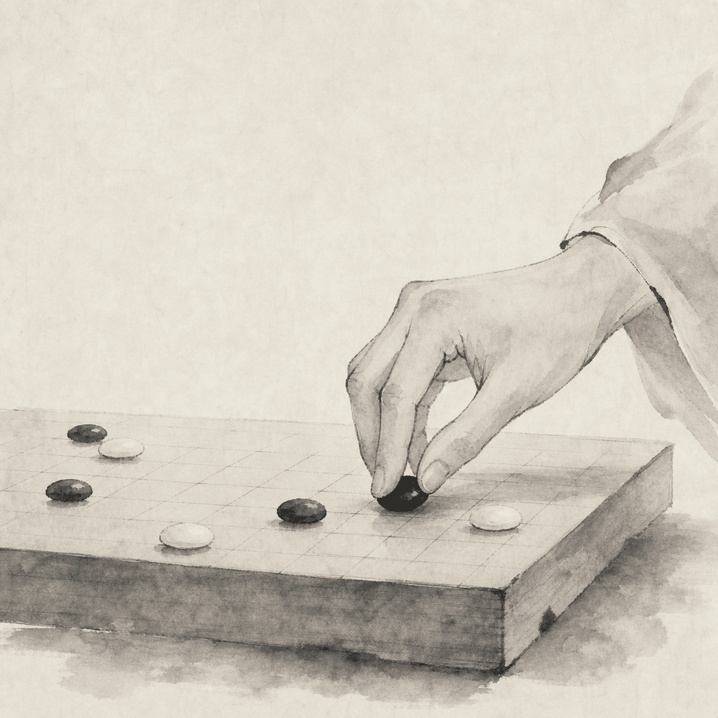 五子棋棋盤上圍繞天元展開的少年賽事局面示意