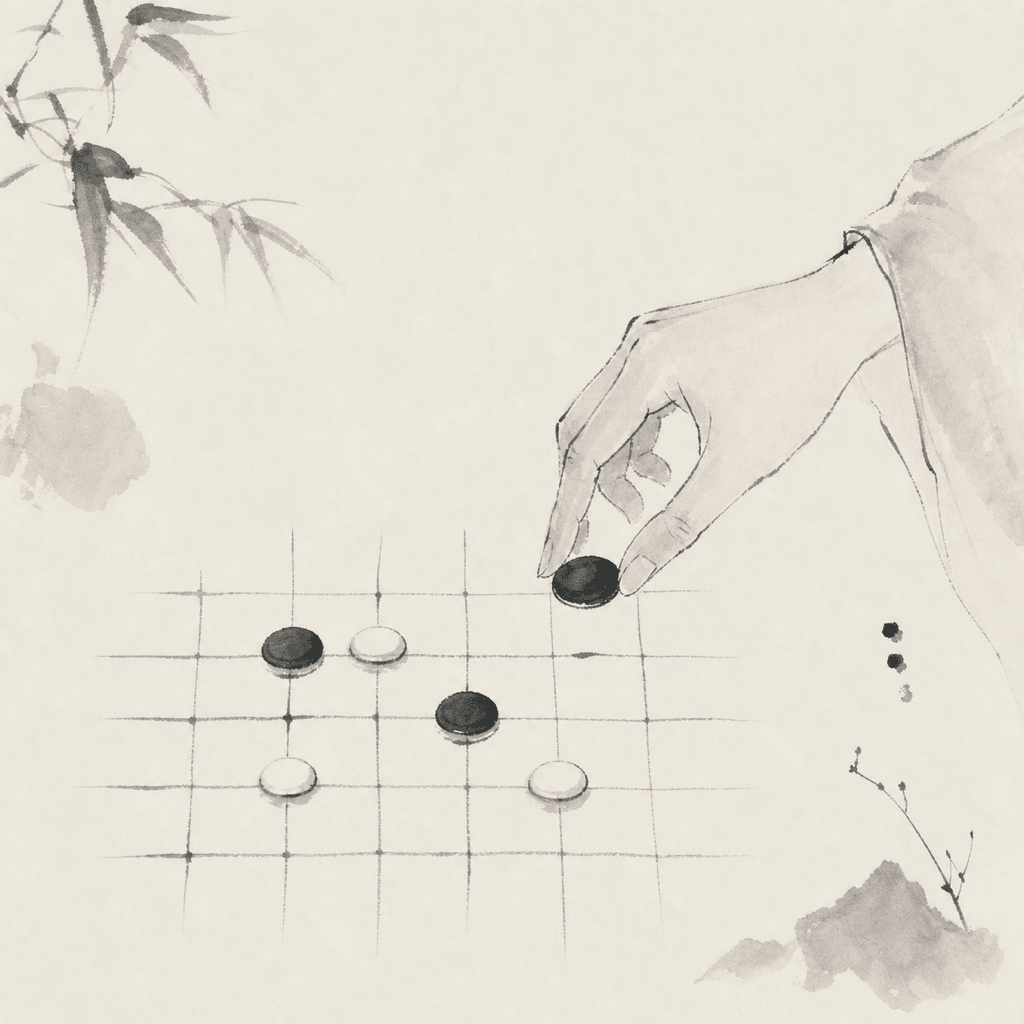 一張抽象的五子棋程式競賽示意圖，棋盤上有不同規則組與評分軌跡