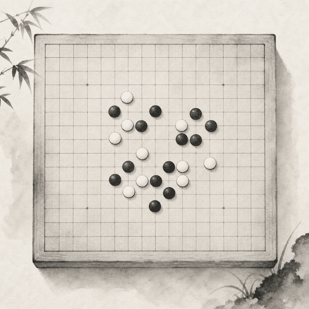 一張現代五子棋棋盤上，中心附近擺出 Taraguchi-10 開局的早期形狀
