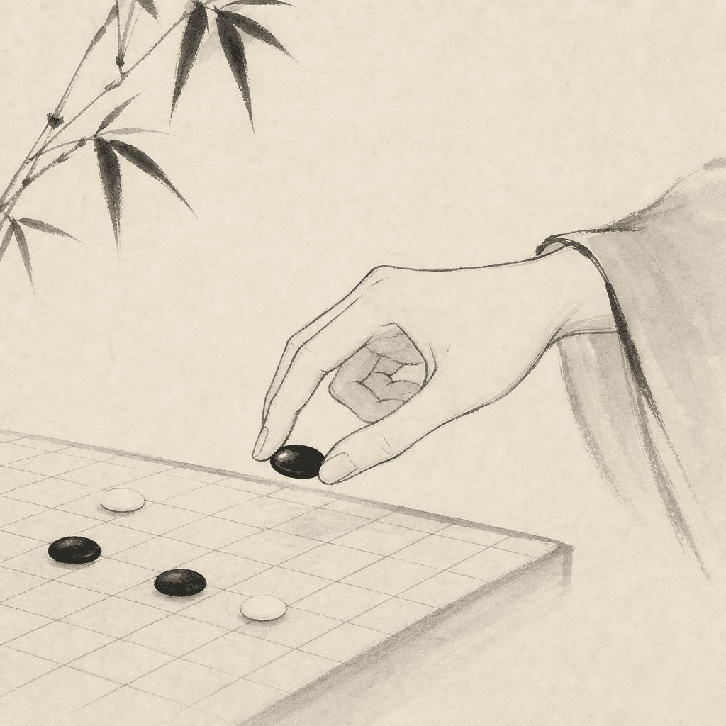 木の盤の中央近くに置かれたゆるやかな石と余白