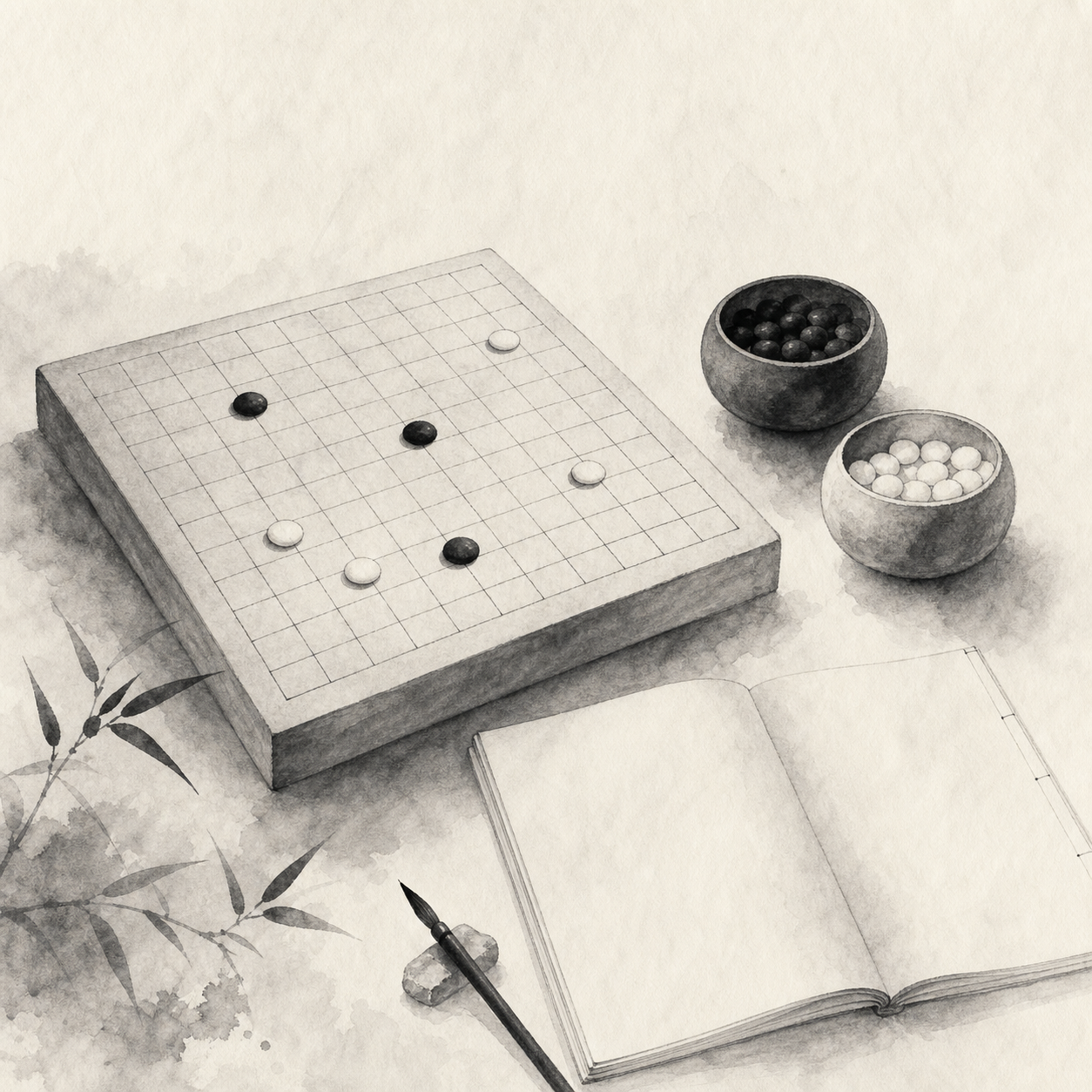一张五子棋棋谱笔记示意图，棋盘上标出手数，旁边写有三个观察问题