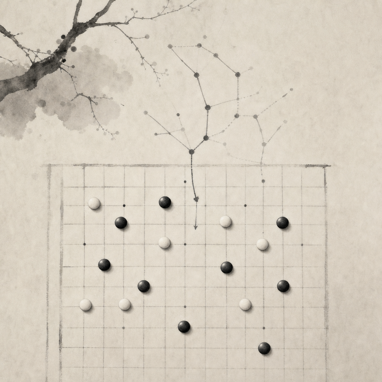 棋盘上方有淡墨分支路径，像威胁线逐渐收束成一条可验证路线