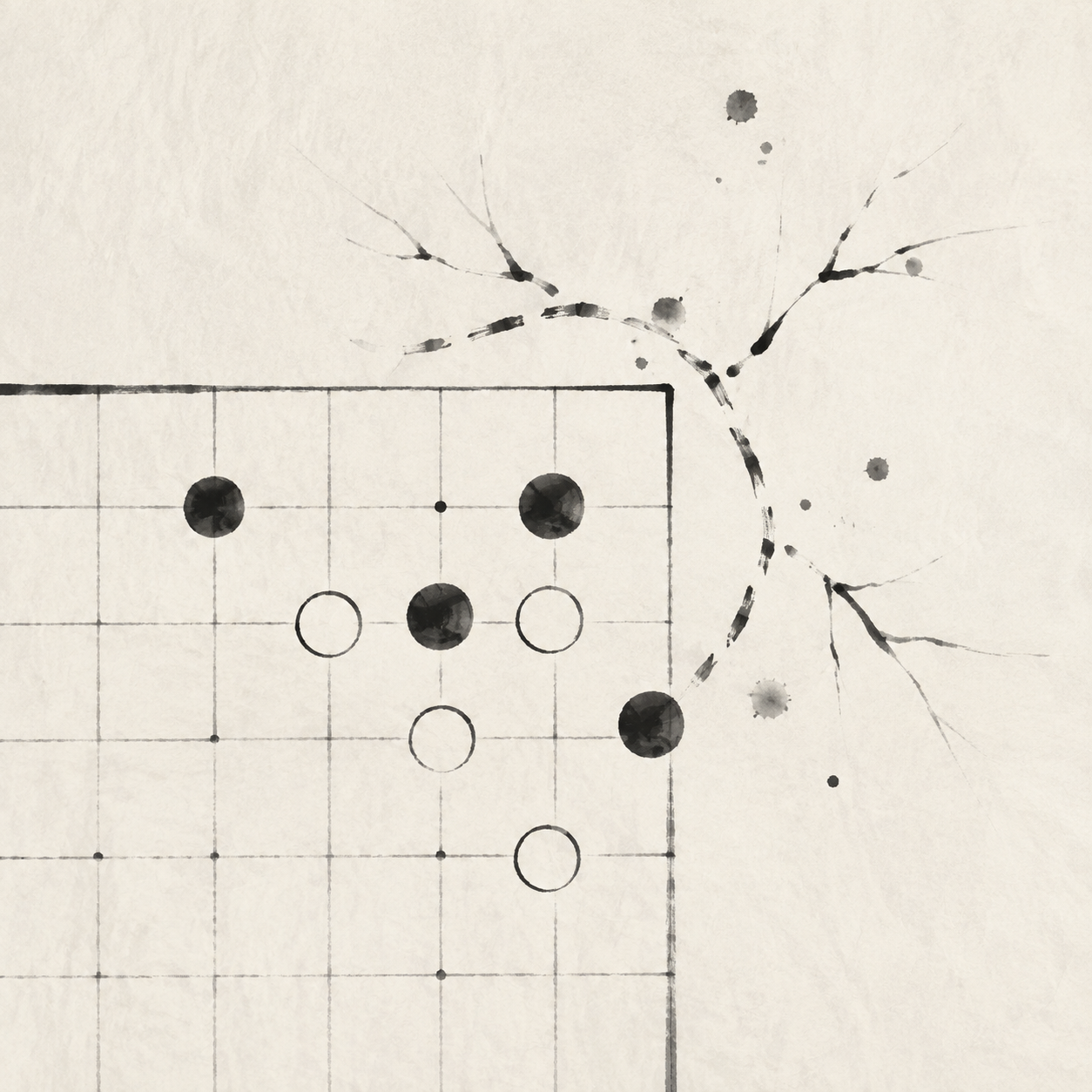 四组抽象棋盘网格与分叉墨线，表现黑棋落点周围的禁手边界