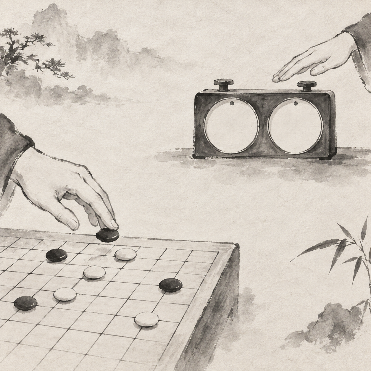 棋子离手后，棋钟交接仍有清晰的先后顺序。