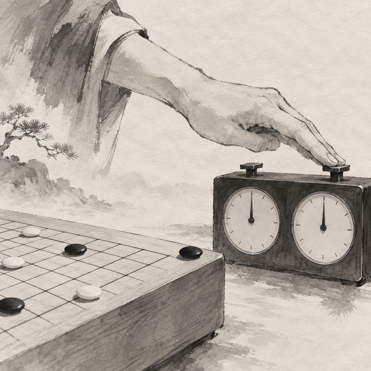 一只手在棋盘边缘放开棋子后移向双面比赛棋钟的概念示意