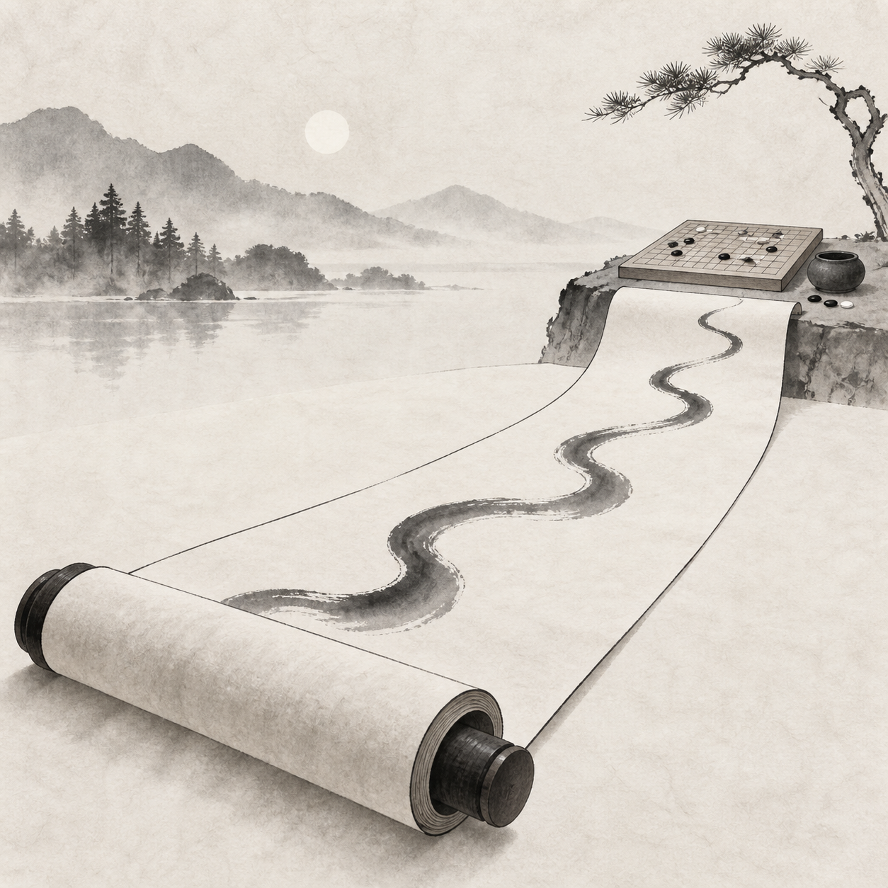 一卷无文字纸带上延伸着起伏墨线，远处放着一小块连珠棋盘