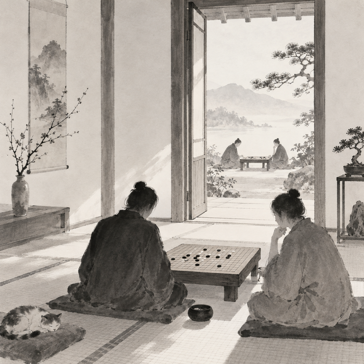 插画示意：复盘移到独立空间，让仍在进行的对局保持安静。