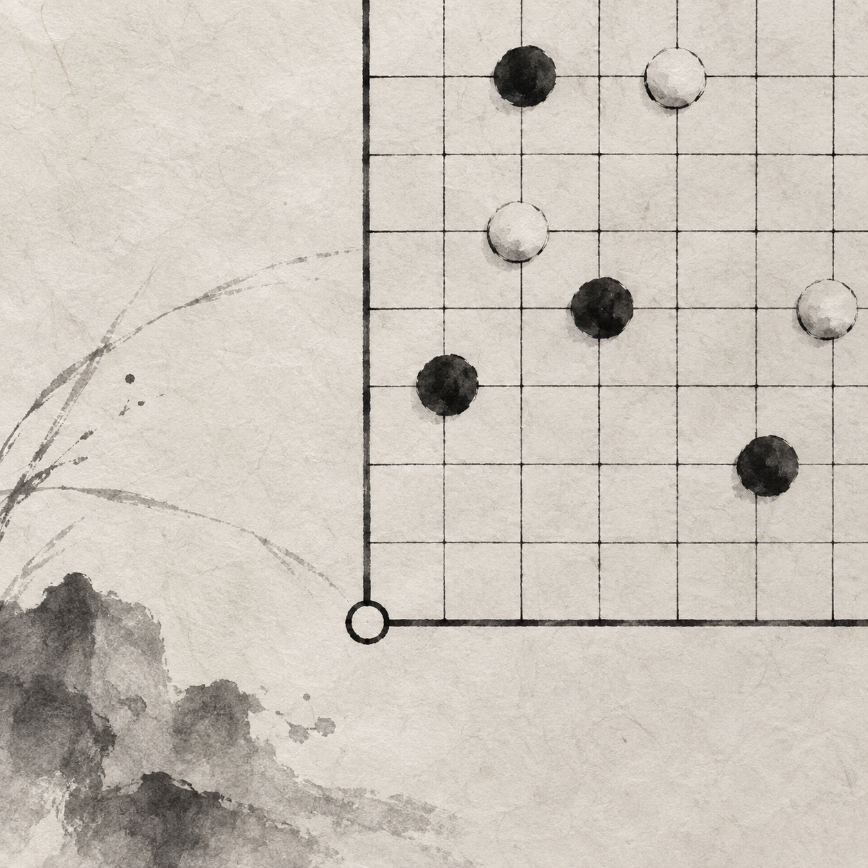 水墨棋盘一角，空心焦点环停在外缘交叉点，淡墨方向痕迹抵达边界