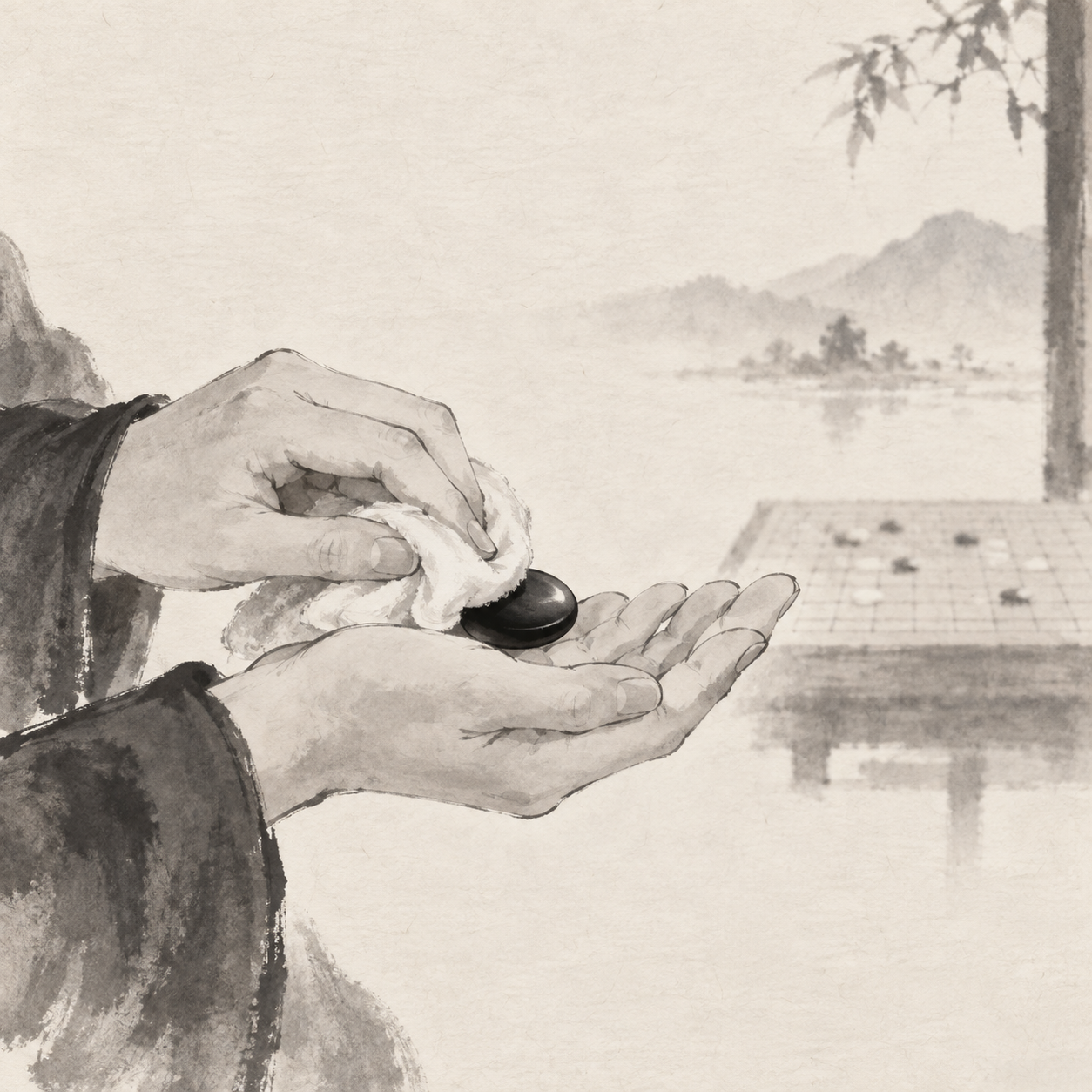 一只手在棋盘之外用柔软的干布擦拭单颗棋子