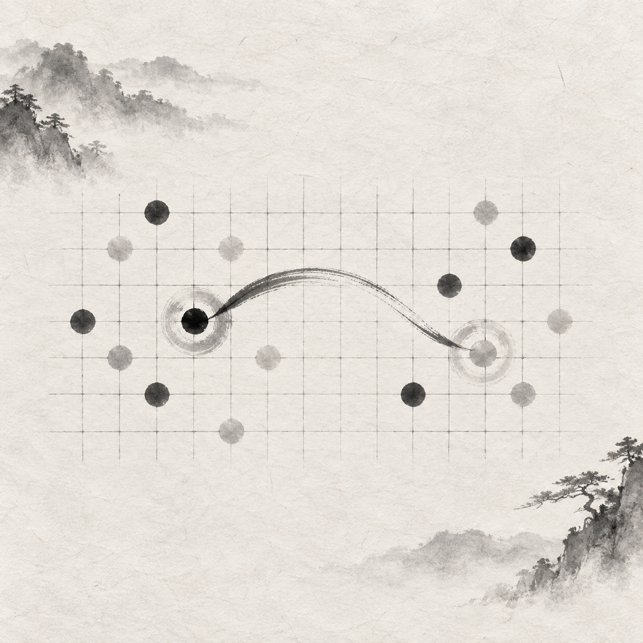 概念插画：用相连的区域表示成对考虑落点，不对应实际棋局。