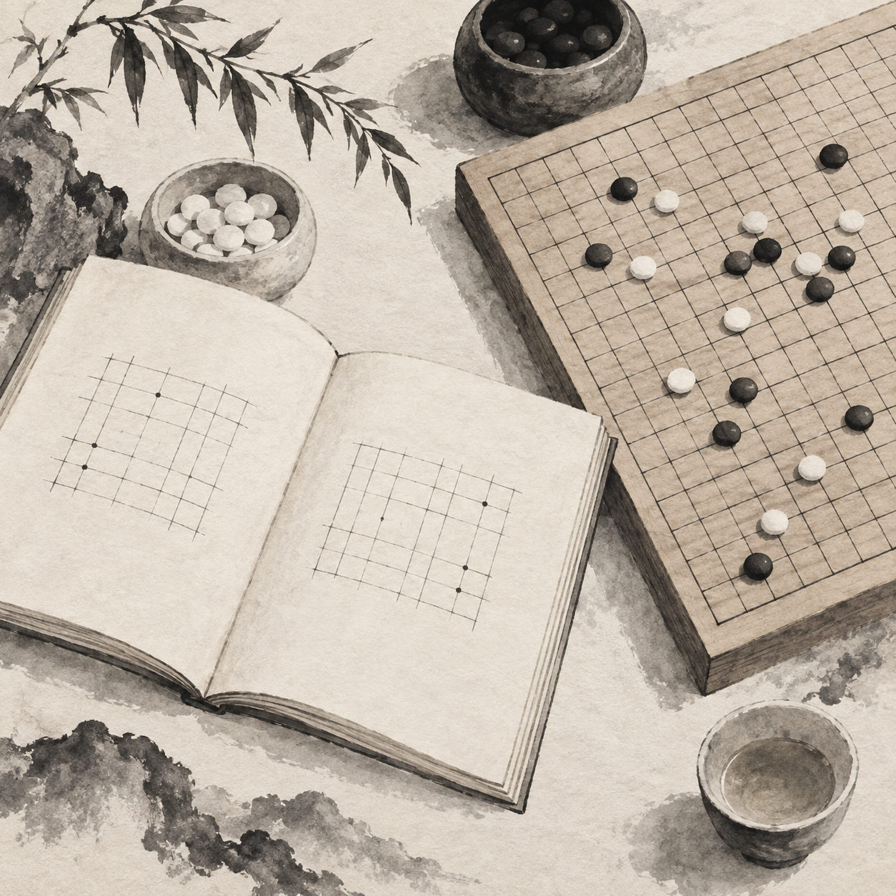 规则书与棋盘的示意插画；不复原某次会议或具体规则页面。