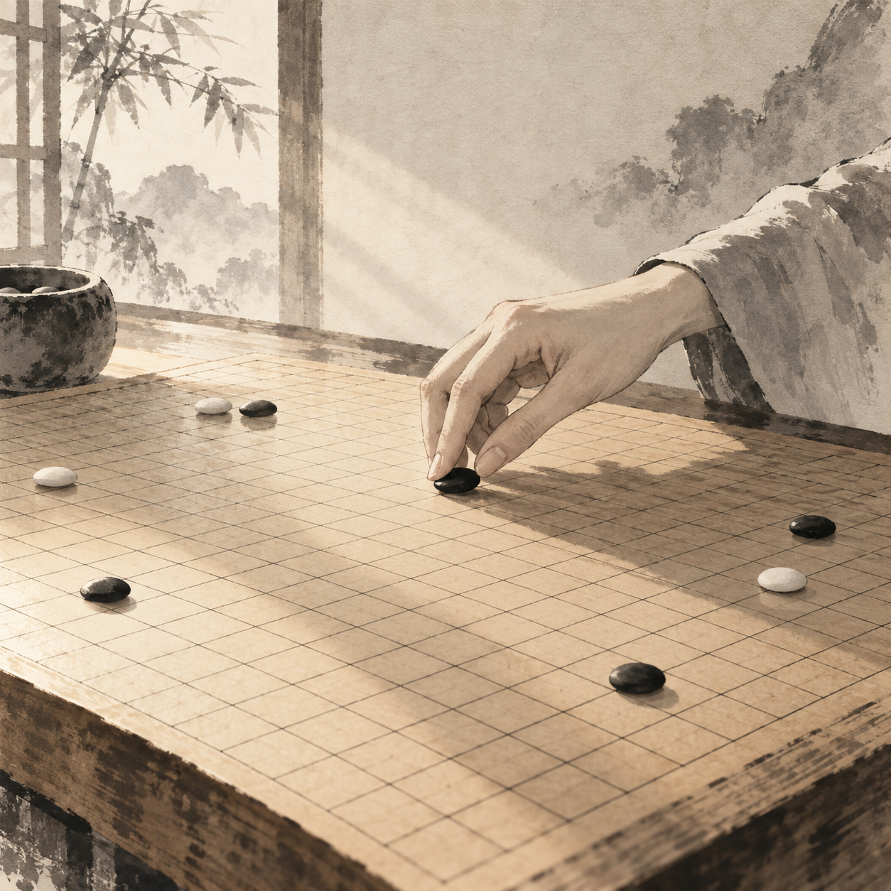 一只手正把一枚棋子放到棋盘上