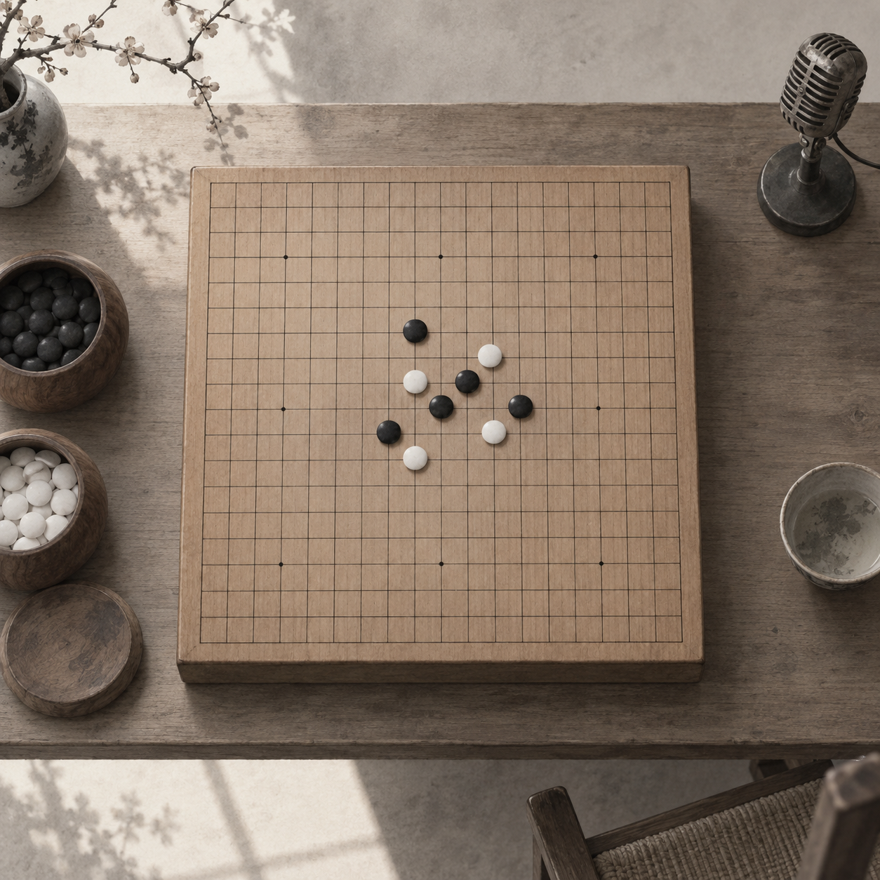 棋盘与一枚棋子。1990 年，十几名爱好者组成京都五子棋队，中国连珠从此有了自己的组织。