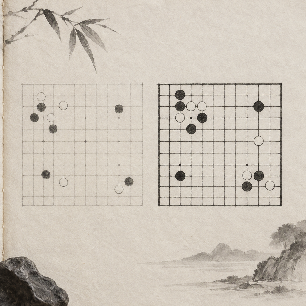 同じ石の配置を濃い格子線と薄い格子線で比較した図。薄い線でも交点は判別でき、石の並びが際立つ