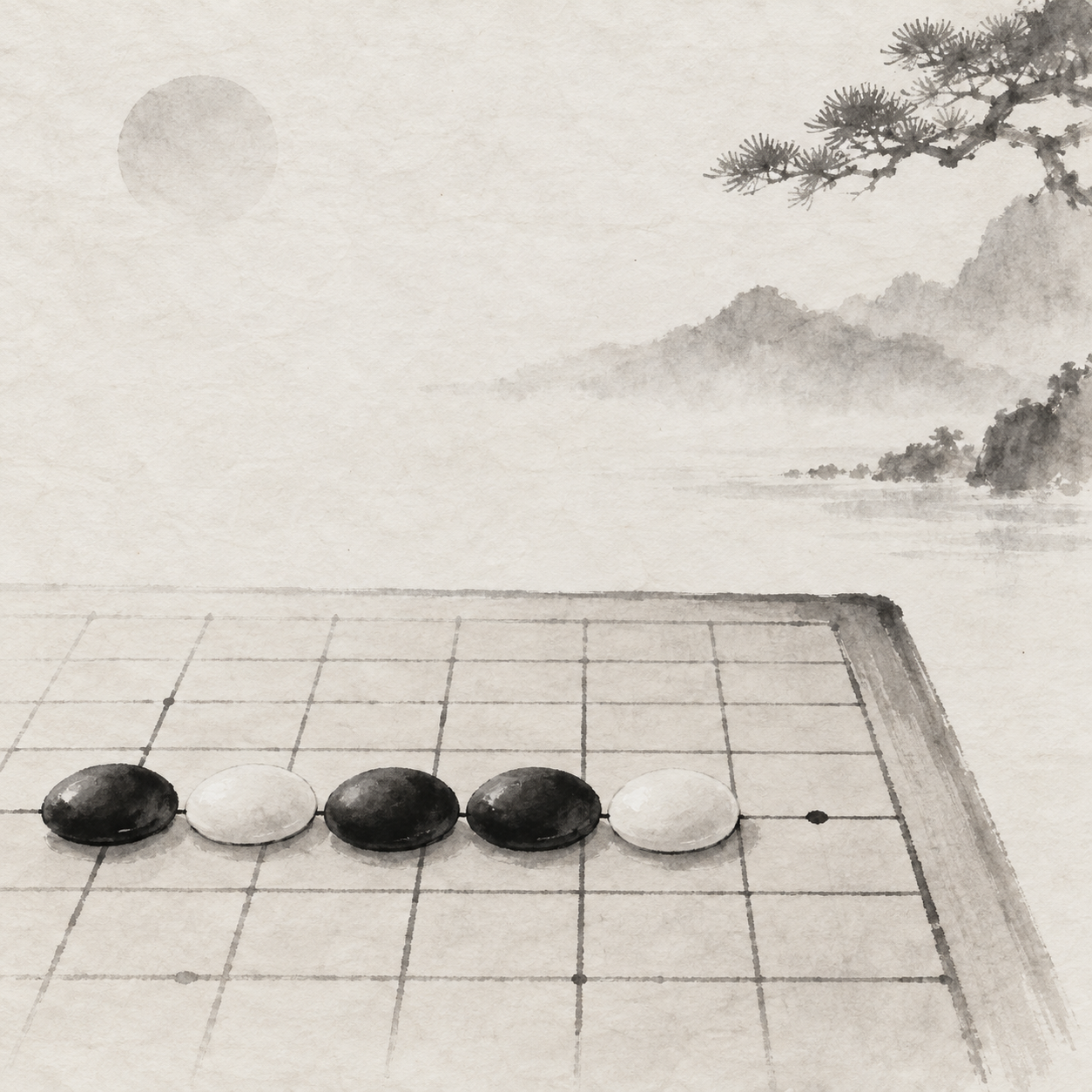 一端が塞がれた4つの石の列と、唯一の五目完成点を示す図